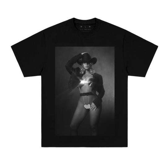 Cowboy Carter boxset t-shirt in black, front framed black and white photo print