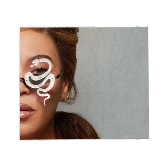 Cowboy Carter white CD cover artwork, portrait with a white serpent across the eyes