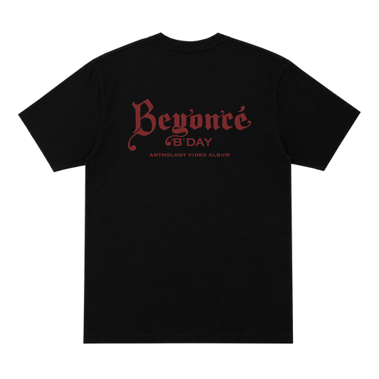 B'DAY black Anthology t-shirt, Anthology script printed in red across the back