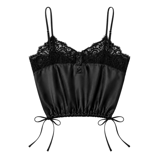 Déjà Vu black satin lace trim camisole, back view with the drawstring side ties