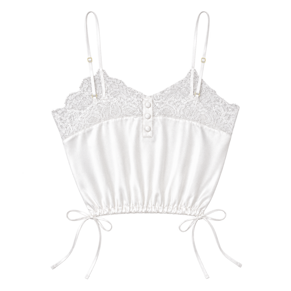 Déjà Vu white satin lace trim camisole, back view with the adjustable straps