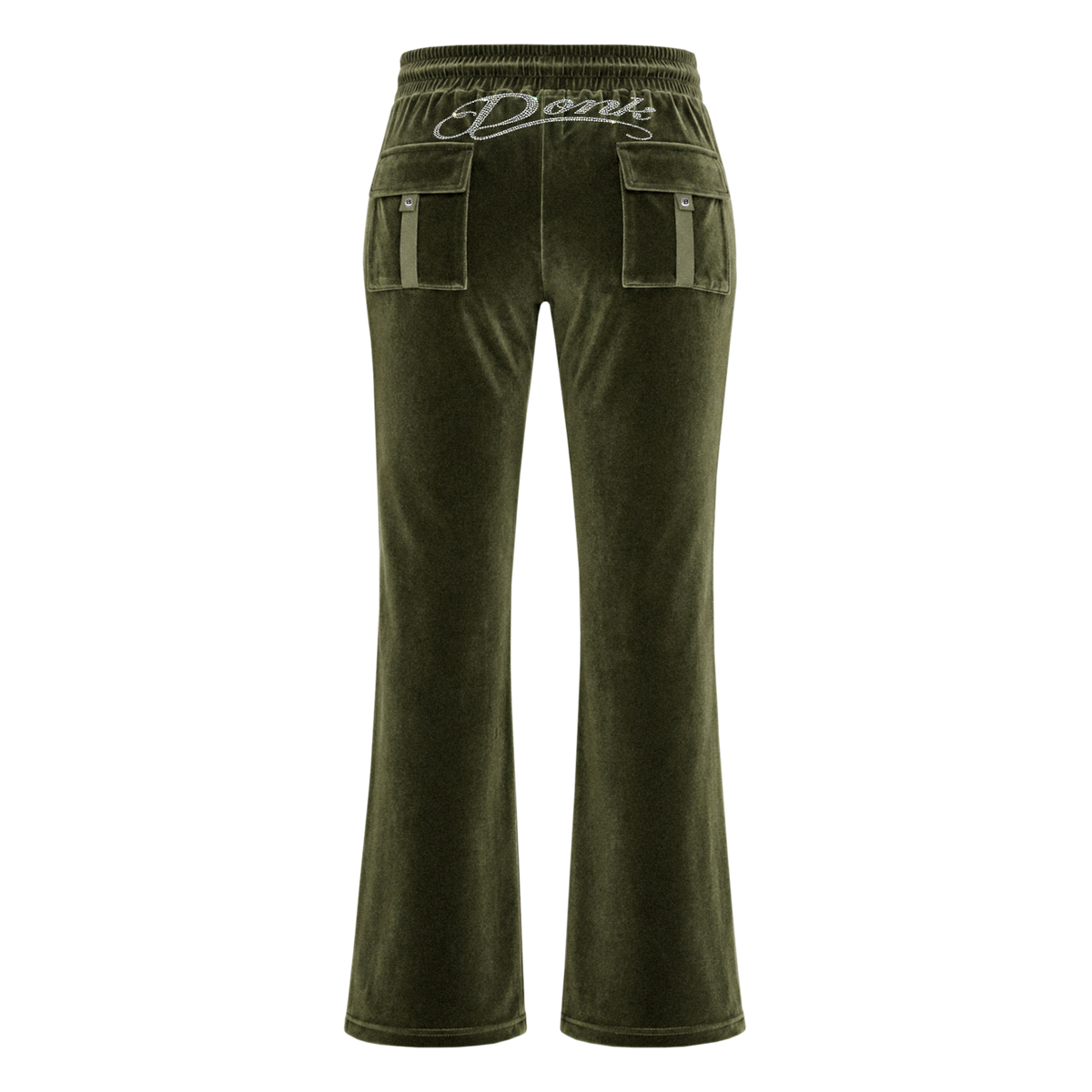 Donk olive green velour track pants, back with the Donk script and flap pockets