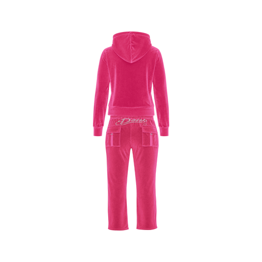 Donk hot pink velour capri tracksuit, back view with the Donk script across the waistband