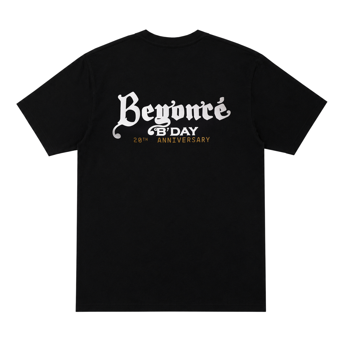 B'DAY black Gator t-shirt, back with the B'DAY 20th Anniversary gothic script print