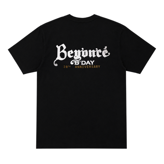 B'DAY black Gator t-shirt, back with the B'DAY 20th Anniversary gothic script print