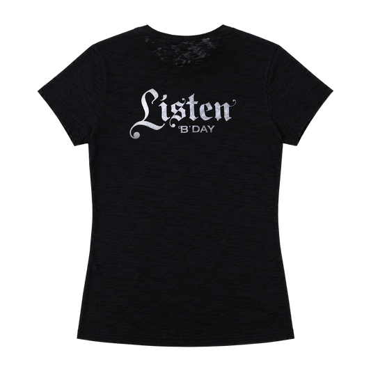 B'DAY black Listen vintage t-shirt, Listen gothic script printed across the back