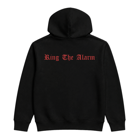 B'DAY black Ring The Alarm hoodie, Ring The Alarm gothic script printed in red on the back