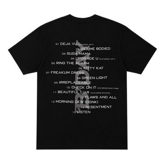 B'DAY Sophomore black t-shirt, back printed with the B'DAY album tracklist in white