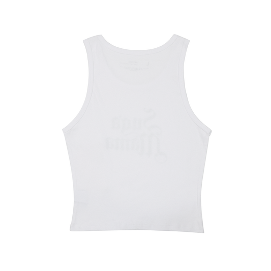 B'DAY Suga Mama ribbed cropped tank in white, plain back view of the sleeveless tank
