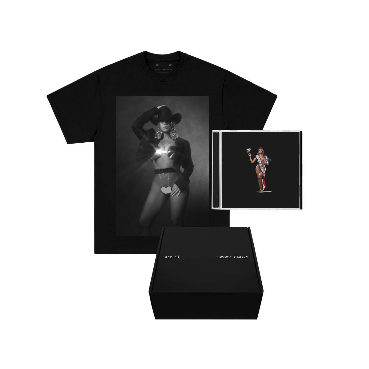 Beyoncé Cowboy Carter CD boxset, black photo print t-shirt with the CD and black presentation box