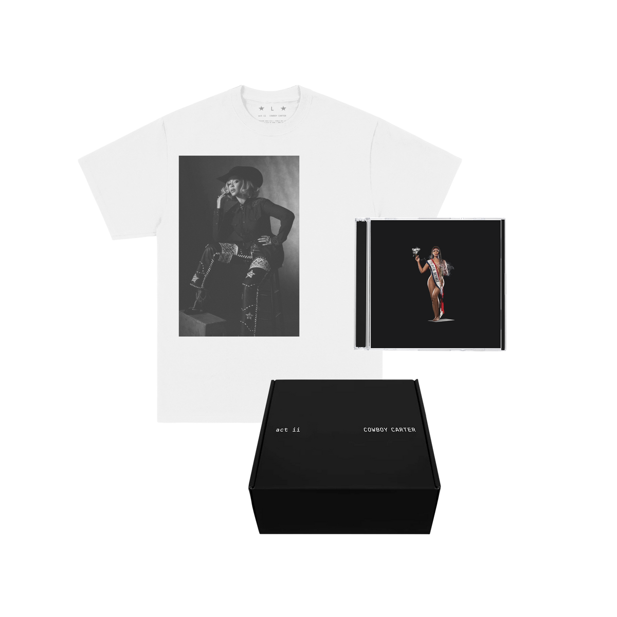 Beyoncé Cowboy Carter CD boxset, white photo print t-shirt with the CD and black presentation box