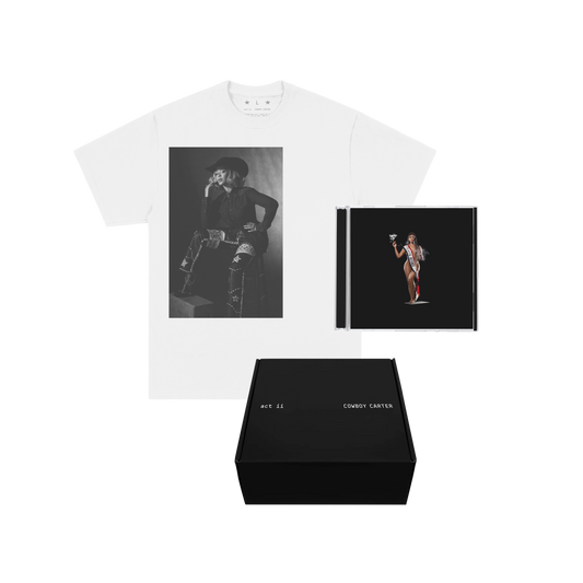 Beyoncé Cowboy Carter CD boxset, white photo print t-shirt with the CD and black presentation box