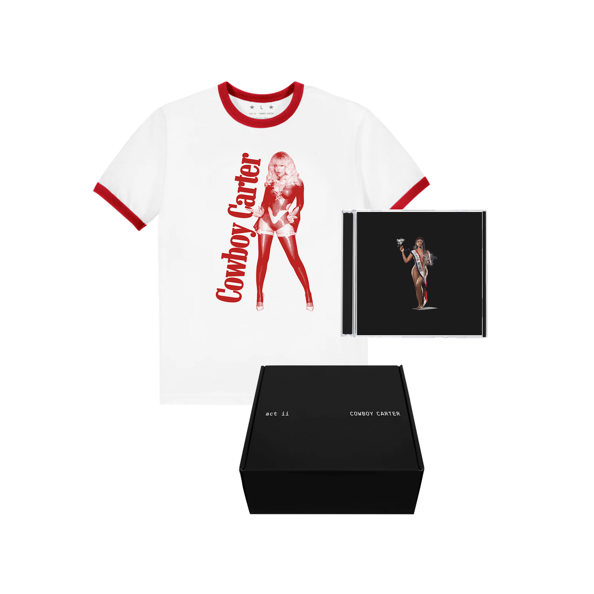Beyoncé Cowboy Carter CD boxset, white and red ringer tee with the CD and black presentation box