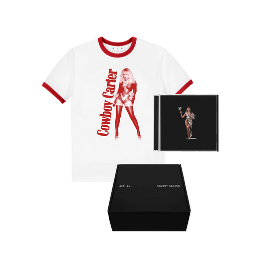Beyoncé Cowboy Carter CD boxset, white and red ringer tee with the CD and black presentation box