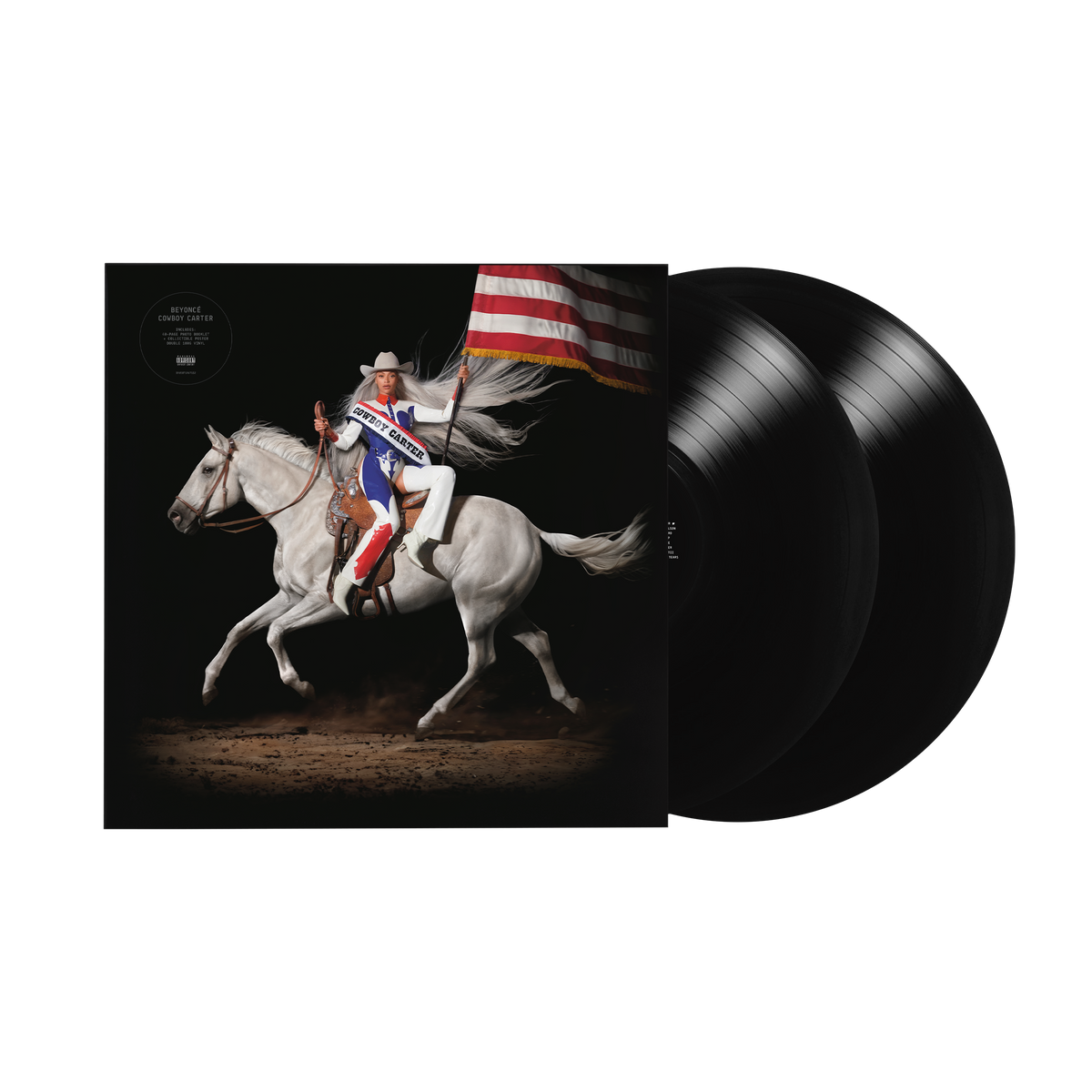 Beyoncé Cowboy Carter vinyl LP, horseback album sleeve shown with its two black records