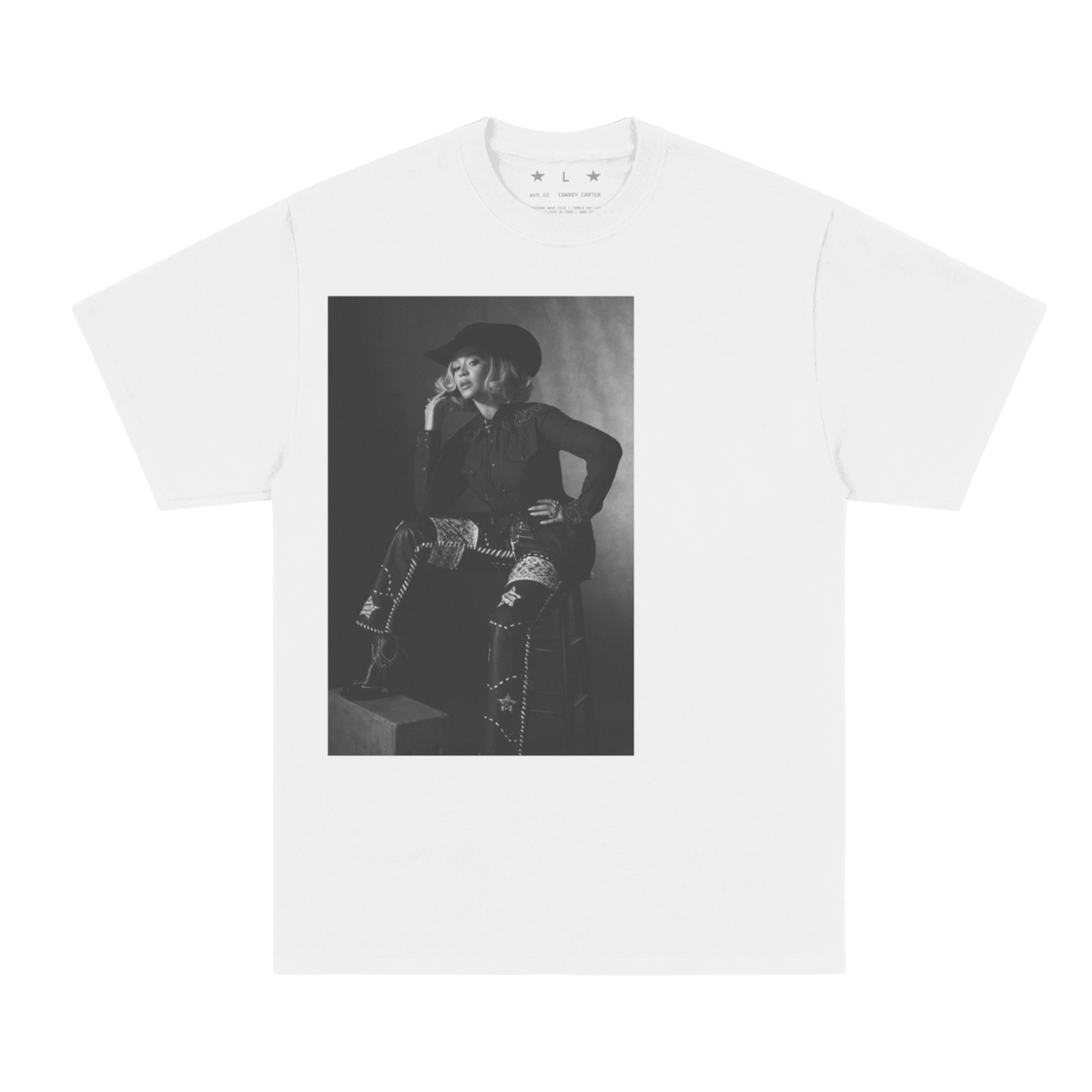 Cowboy Carter boxset t-shirt in white, front framed black and white photo print