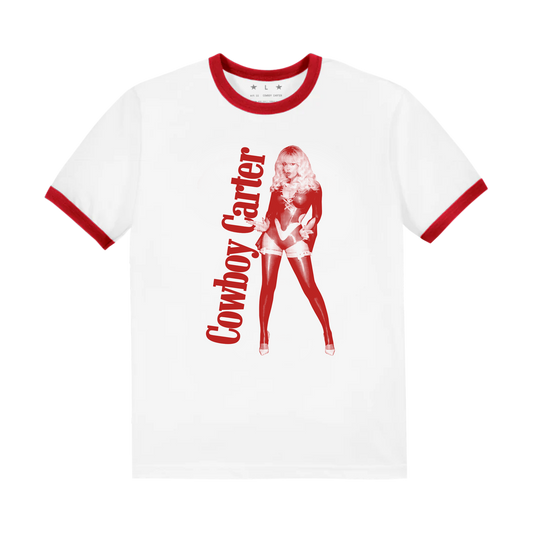 Cowboy Carter boxset ringer tee in white with red trim, front red graphic print