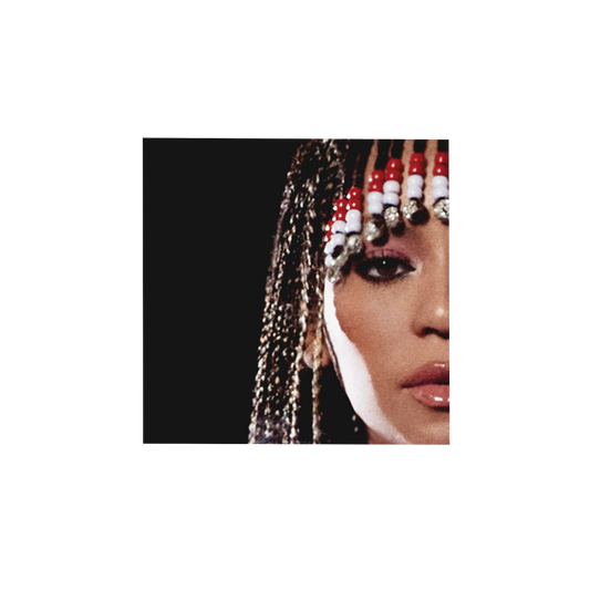 Cowboy Carter black cover artwork, portrait with a beaded red and white braided headdress