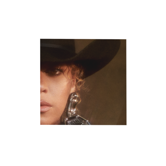 Cowboy Carter blue cover artwork, portrait in a black cowboy hat with silver braids