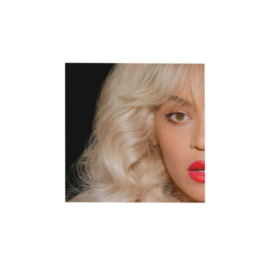 Cowboy Carter red cover artwork, close up blonde portrait against a pale grey background