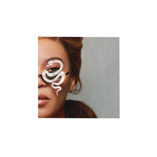 Cowboy Carter white cover artwork, portrait with a white serpent painted across the eyes