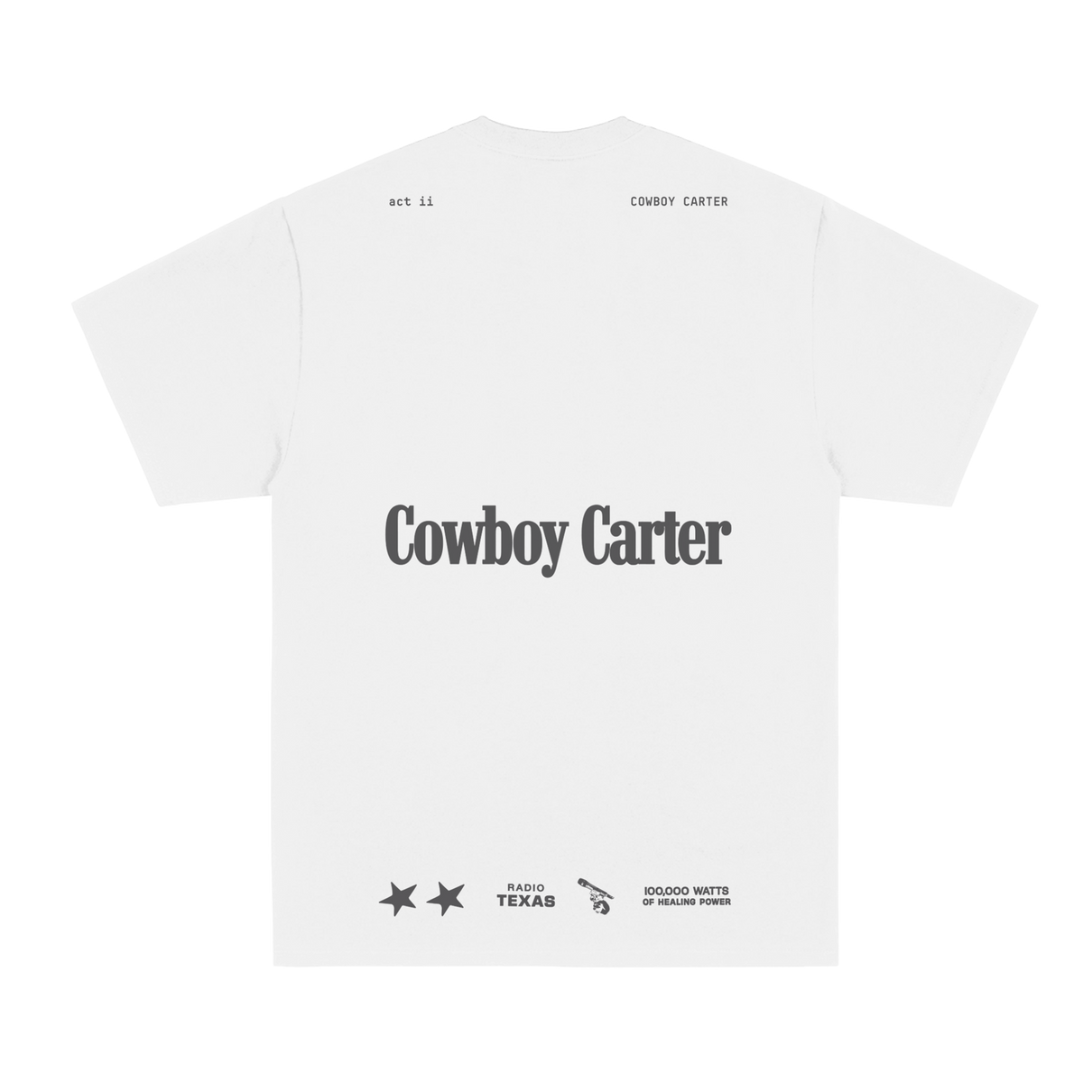 Cowboy Carter white boxset t-shirt, Cowboy Carter wordmark printed on the back