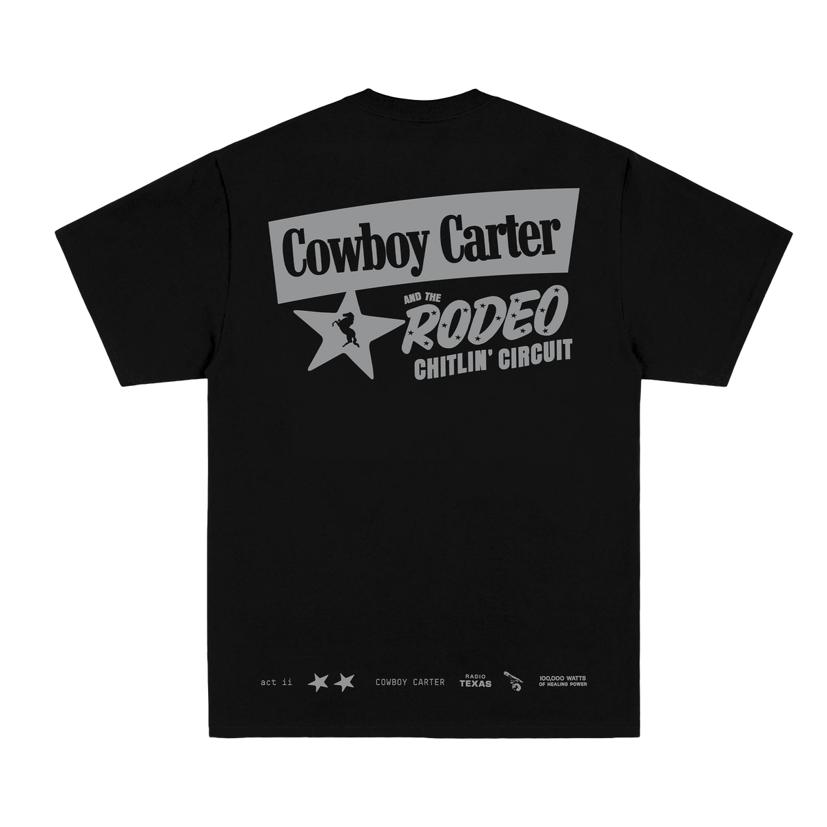 Cowboy Carter black boxset t-shirt, Rodeo Chitlin' Circuit logo printed on the back