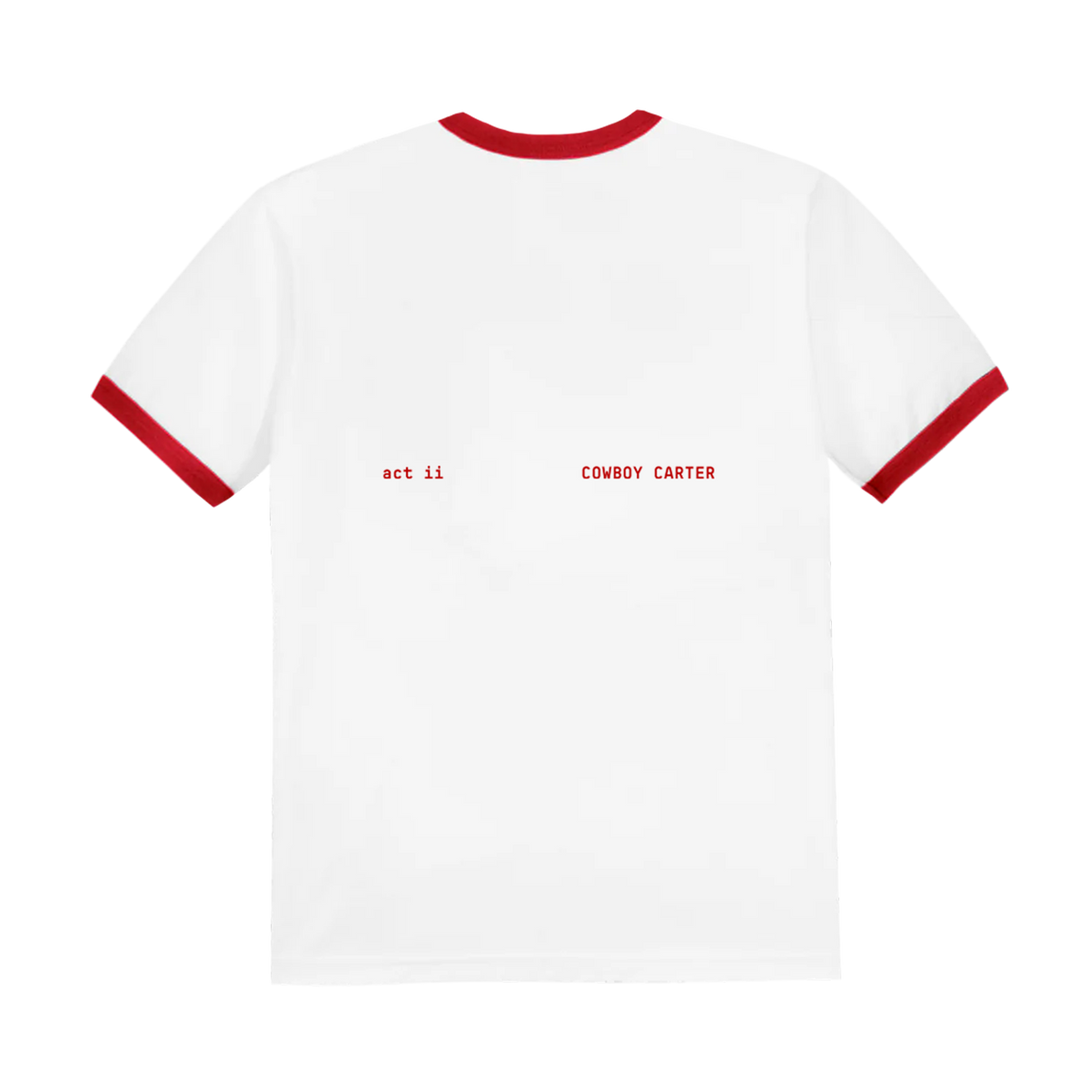 Cowboy Carter white and red boxset ringer tee, small red lettering printed on the back