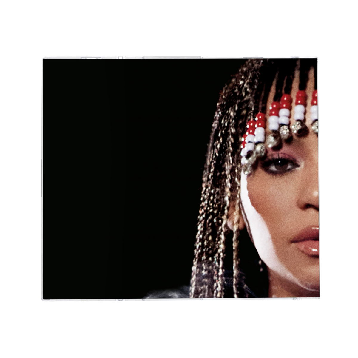 Cowboy Carter black CD cover artwork, portrait with beaded red and white braids