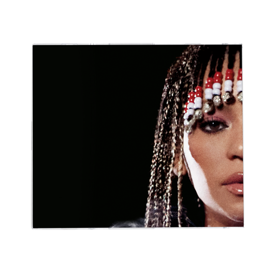 Cowboy Carter black CD cover artwork, portrait with beaded red and white braids