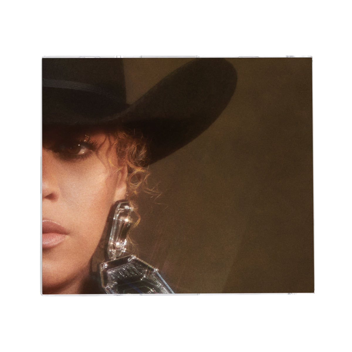 Cowboy Carter blue CD cover artwork, portrait in a black cowboy hat with silver braids