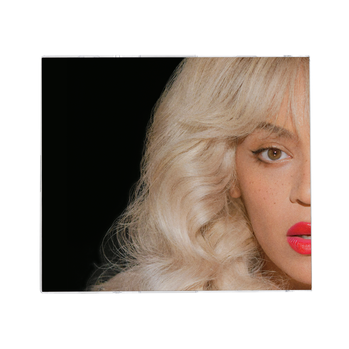 Cowboy Carter red CD cover artwork, close up blonde portrait against black
