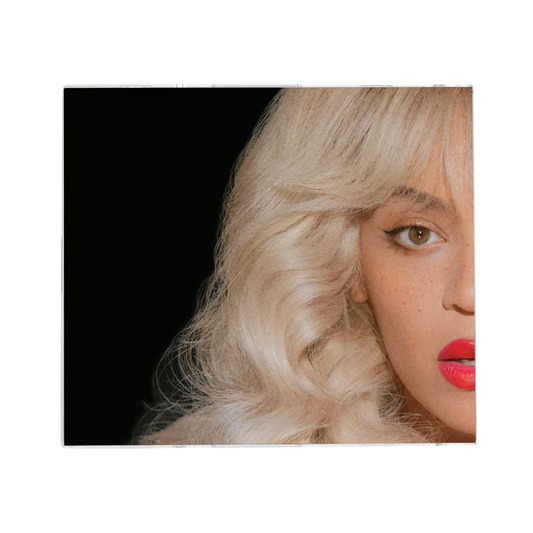 Cowboy Carter red CD cover artwork, close up blonde portrait against black