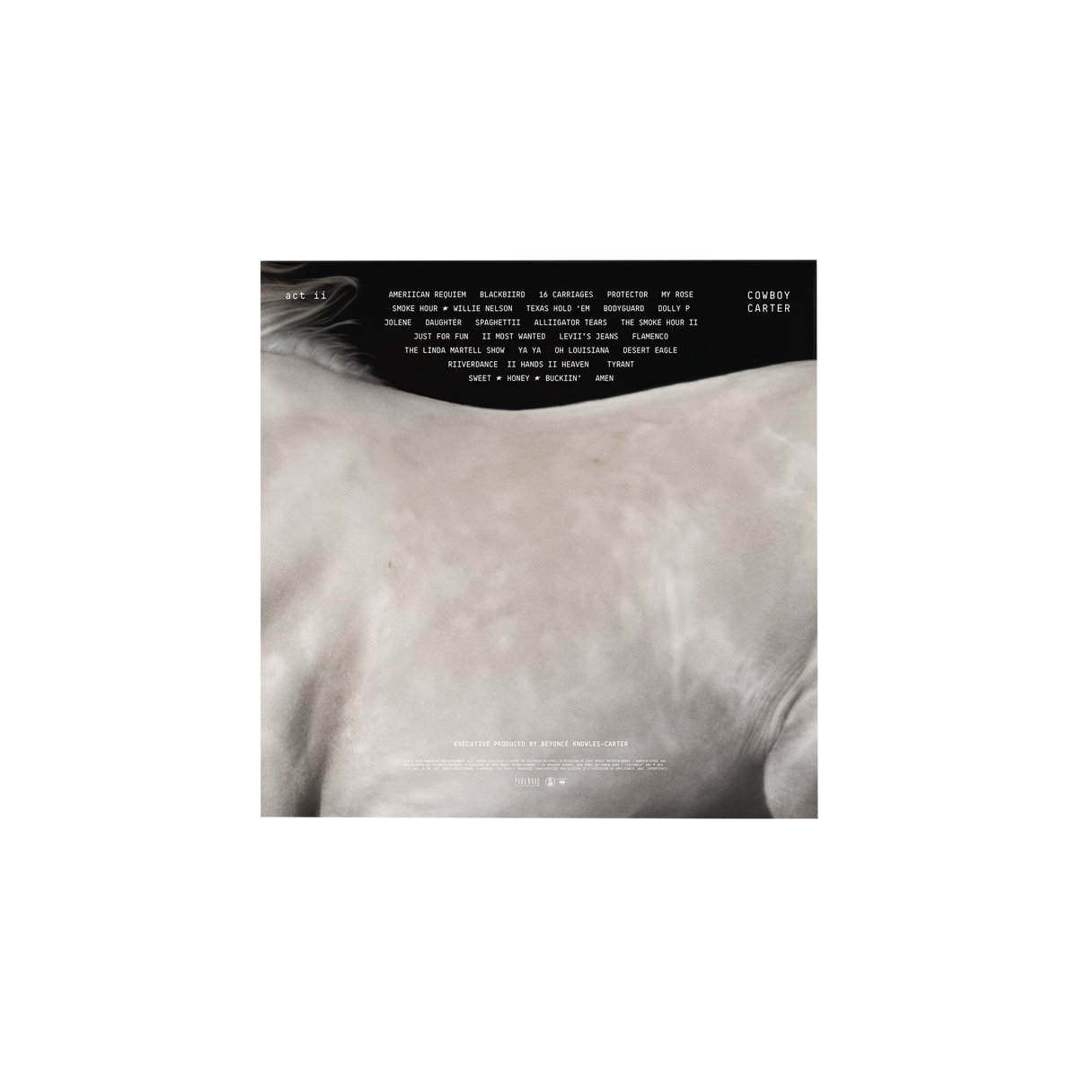 Cowboy Carter vinyl LP back cover, pale horse hide artwork printed with the tracklist