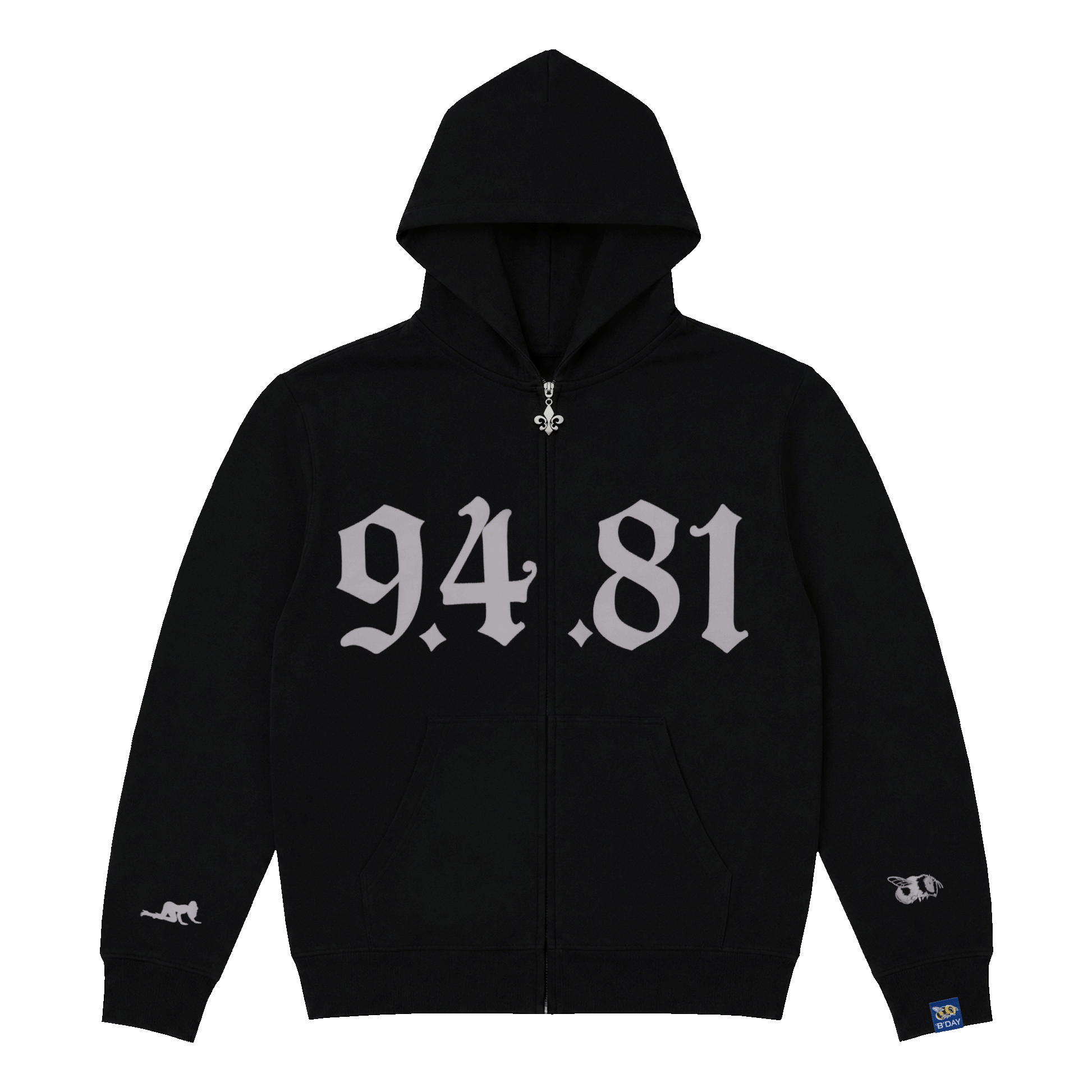 Beyoncé B'DAY 94.81 zip hoodie in black, gothic 94.81 lettering printed across the chest, front