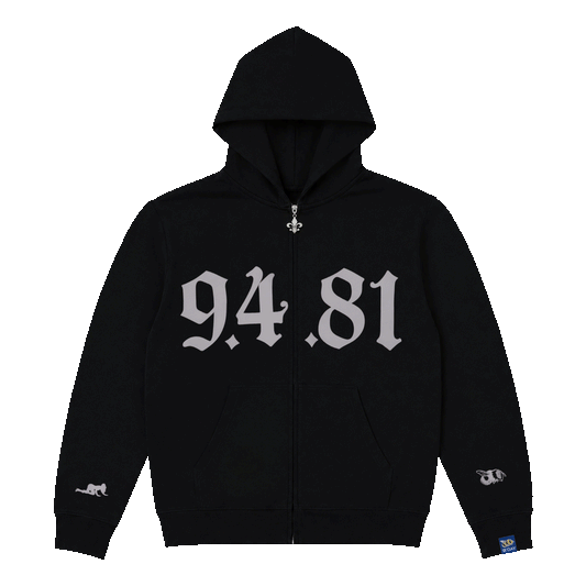 Beyoncé B'DAY 94.81 zip hoodie in black, gothic 94.81 lettering printed across the chest, front