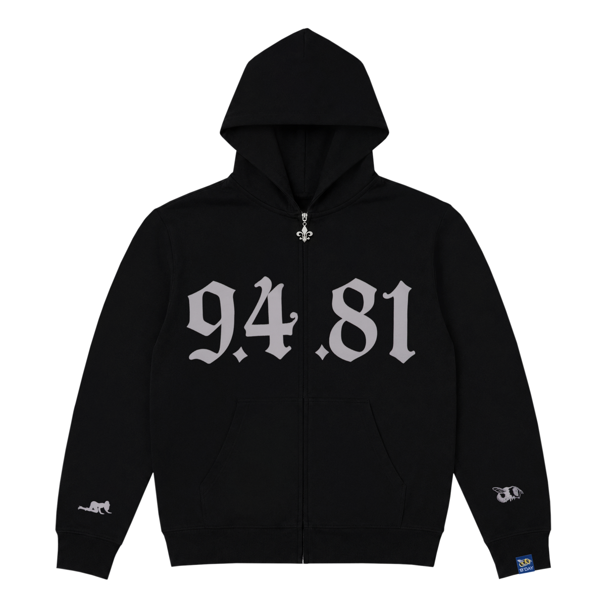 B'DAY black 94.81 zip hoodie, front view of the gothic numeral graphic across the chest