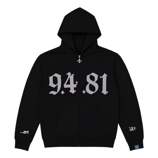 B'DAY black 94.81 zip hoodie, front view of the gothic numeral graphic across the chest