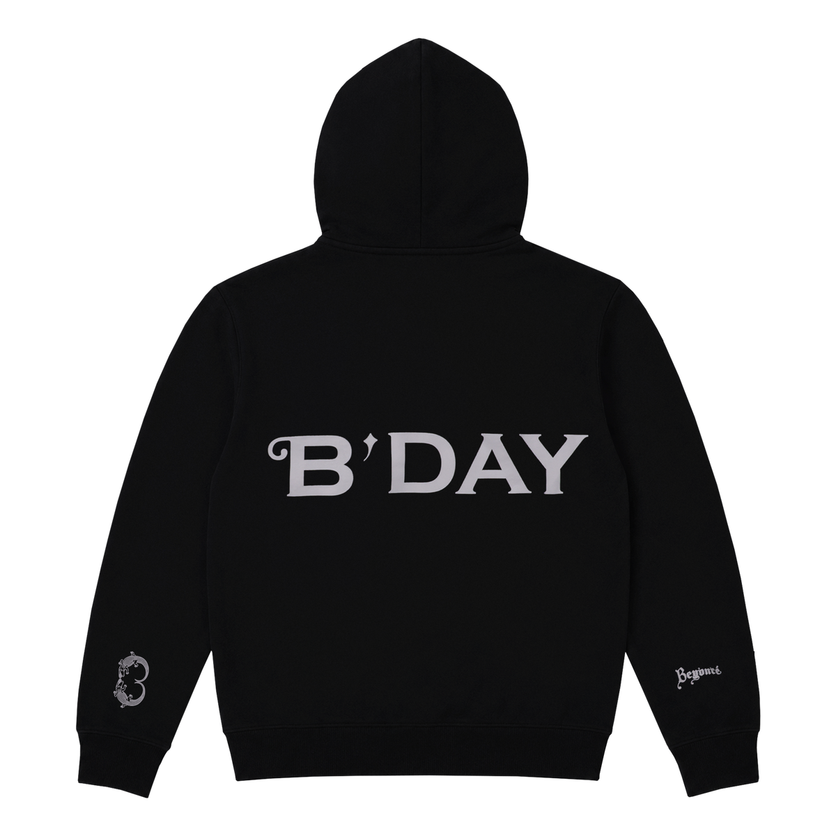 B'DAY black 94.81 zip hoodie, back with B'DAY spelled out in crystal across the shoulders