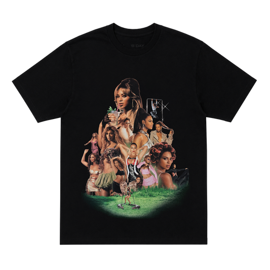 Beyoncé B'DAY Anthology t-shirt in black, front collage print spanning her album eras