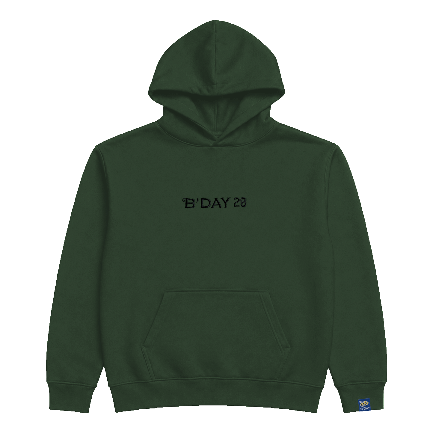 Beyoncé B'DAY 20 pullover hoodie in forest green, tonal B'DAY 20 print across the chest, front