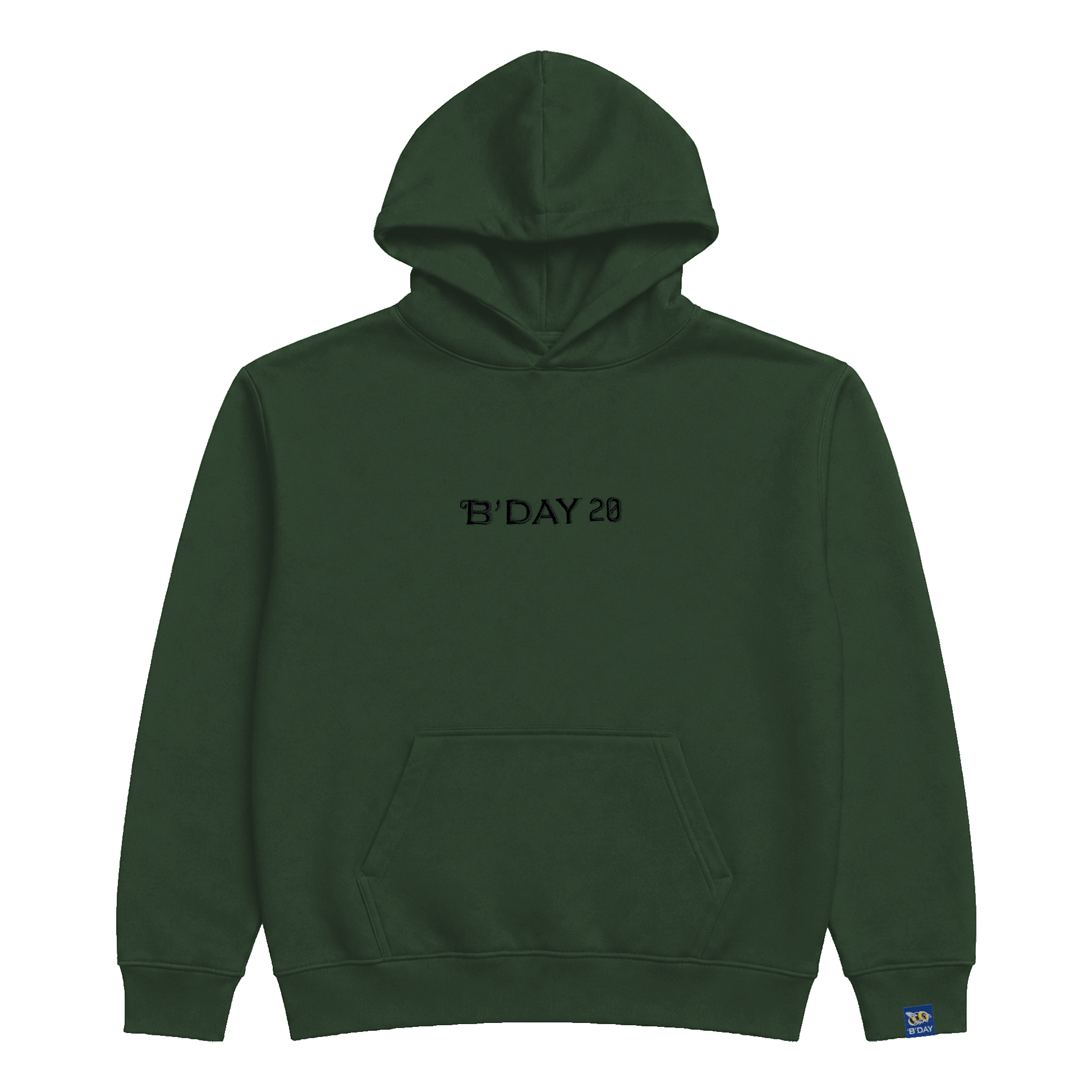 Beyoncé B'DAY 20 pullover hoodie in forest green, tonal B'DAY 20 print across the chest, front