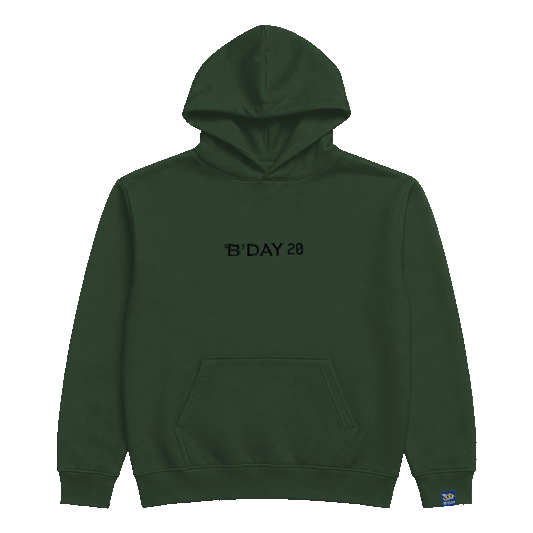 Beyoncé B'DAY 20 pullover hoodie in forest green, tonal B'DAY 20 print across the chest, front