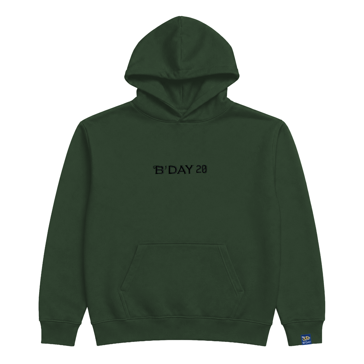 B'DAY 20 forest green pullover hoodie, front view with kangaroo pocket and drawstring hood