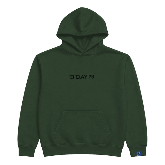 B'DAY 20 forest green pullover hoodie, front view with kangaroo pocket and drawstring hood