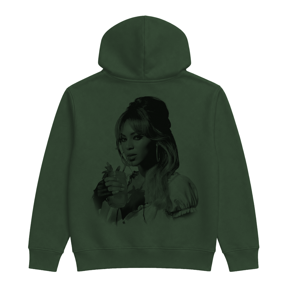 B'DAY 20 green hoodie, back with a tonal portrait graphic printed across the shoulders