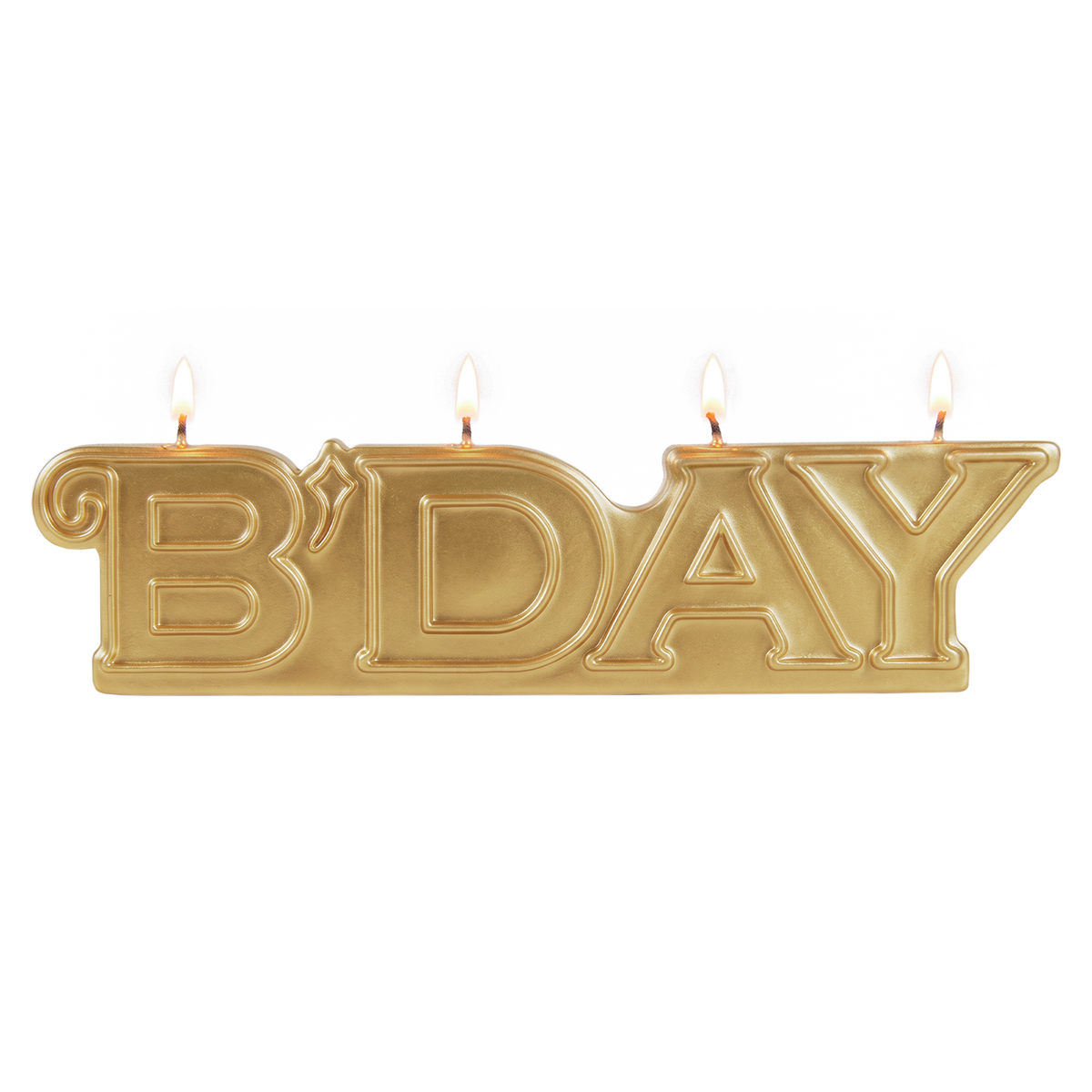 Beyoncé B'DAY 20 candle, gold block letter candle spelling B'DAY with four wicks lit