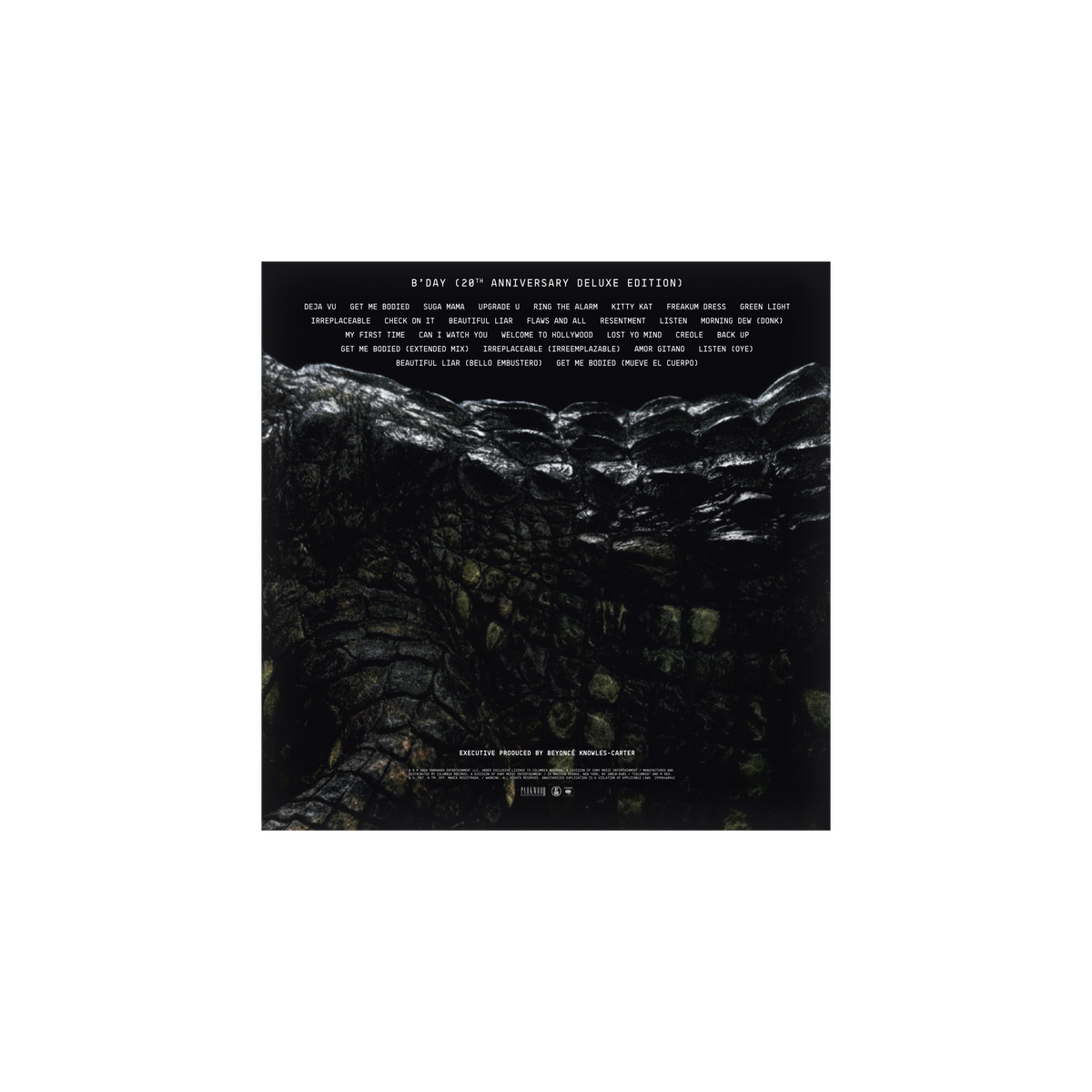 B'DAY 20th Anniversary Deluxe vinyl LP back cover, alligator skin artwork printed with the tracklist