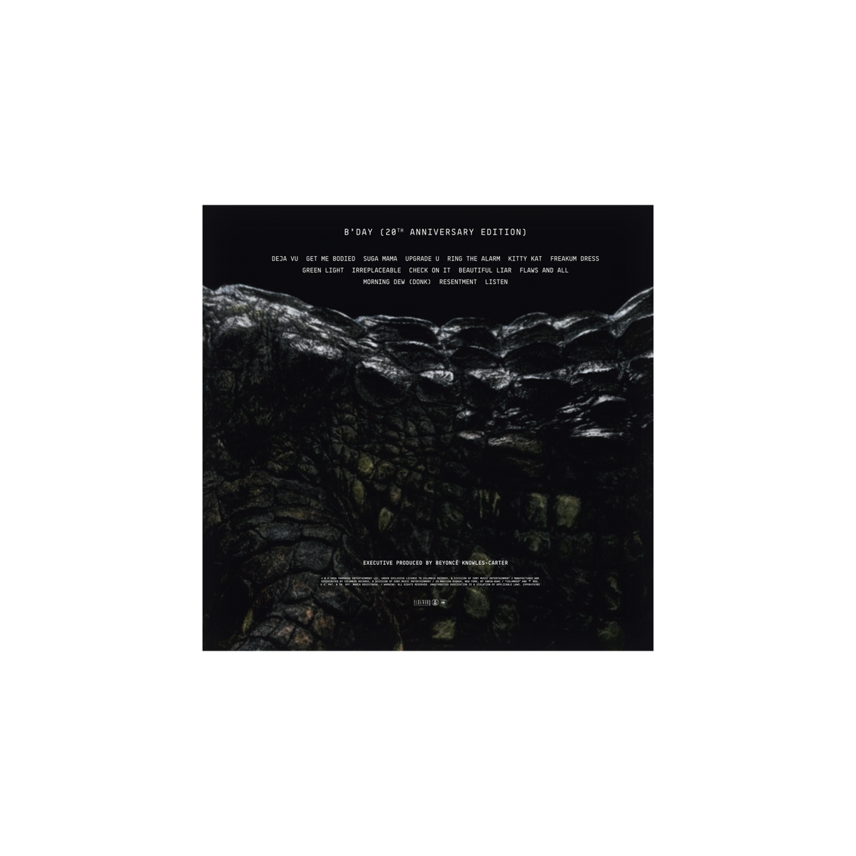 B'DAY 20th Anniversary CD album back insert, alligator skin artwork with the full tracklist