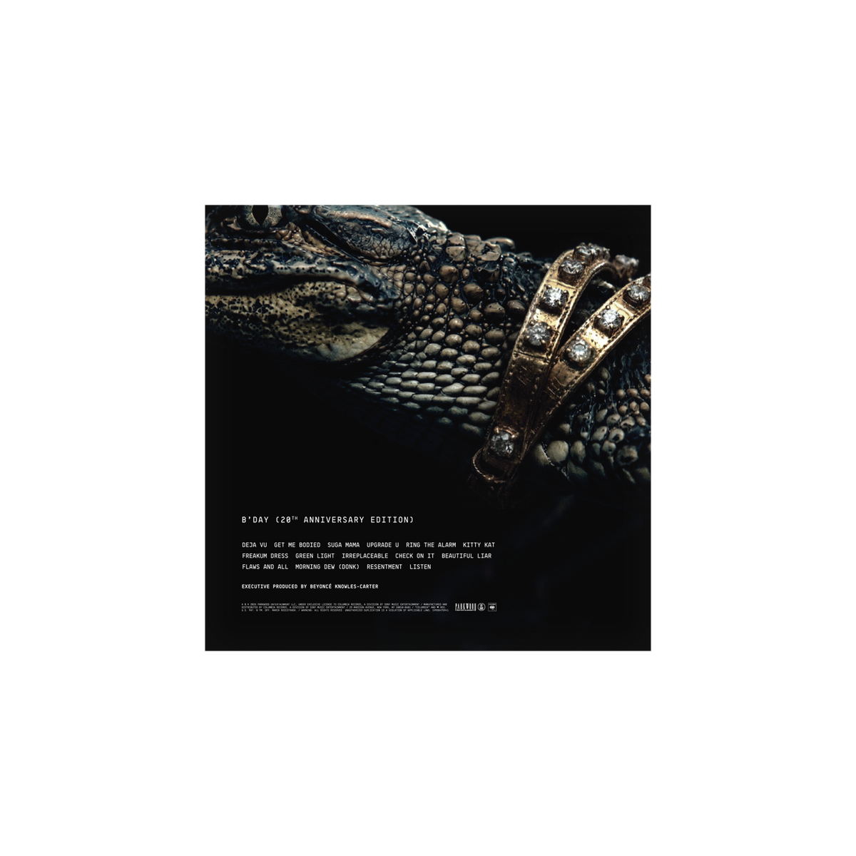 B'DAY 20th Anniversary vinyl LP back cover, alligator and gold bracelet artwork with the tracklist